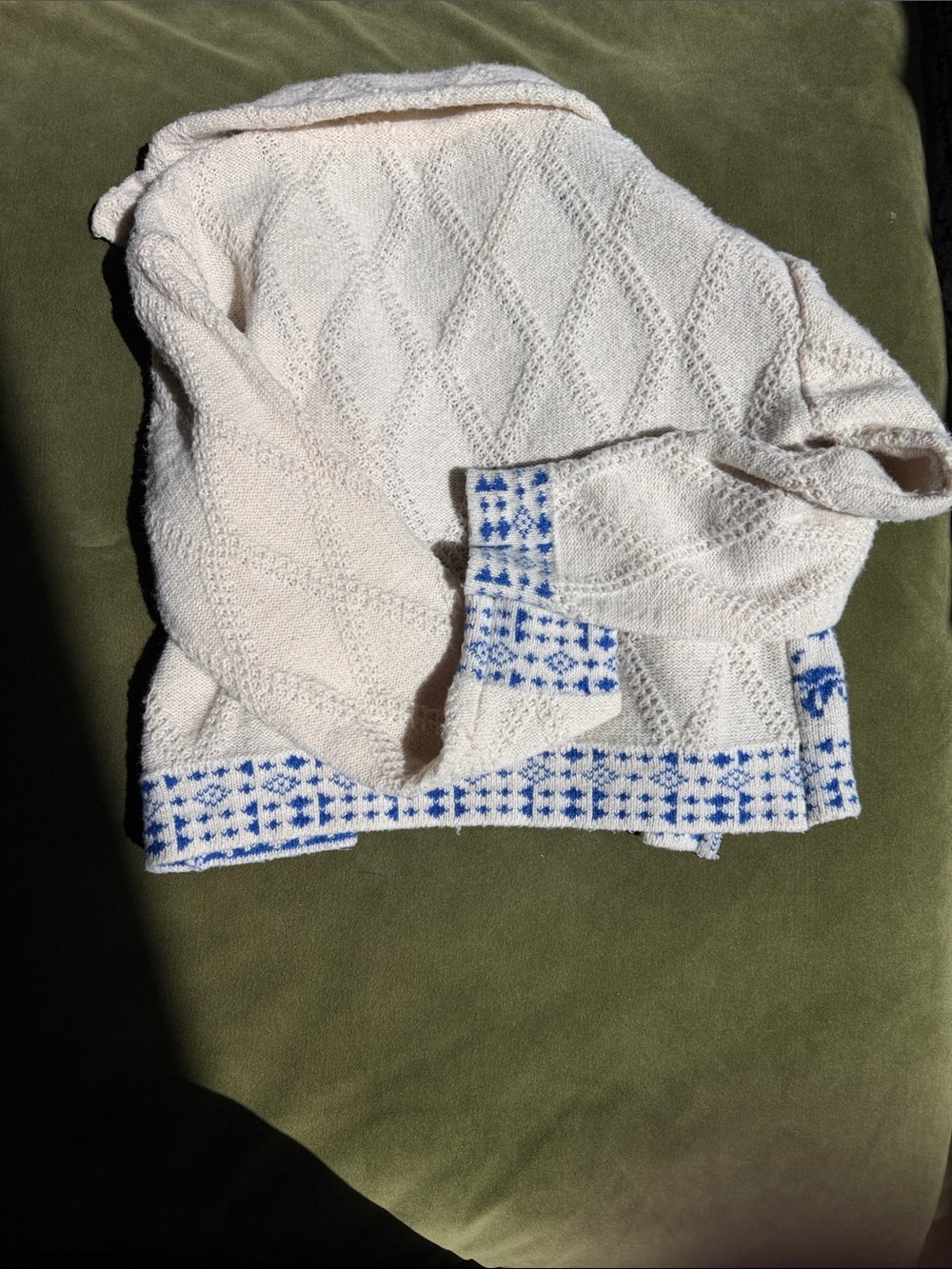 Cream Zip-Up Knit Cardigan with Blue Pattern - Picture 10 of 10